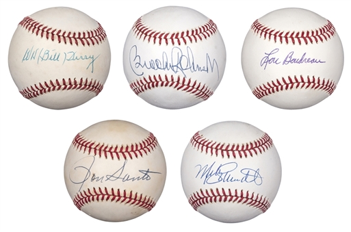 Lot of (5) Hall of Fame Infielders Single Signed Baseball - Terry, Robinson, Santo, Schmidt & Boudreau (PSA/DNA, JSA & Beckett)